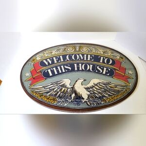 Vintage Large Oval Wood Hand Painted Welcome  Eagle Hanging Wall Sign 16”x23”.